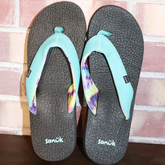 Sanuk Yoga Mat Flip Flops Turquoise and Black Women's Size 10 NWOT - Picture 1 of 2